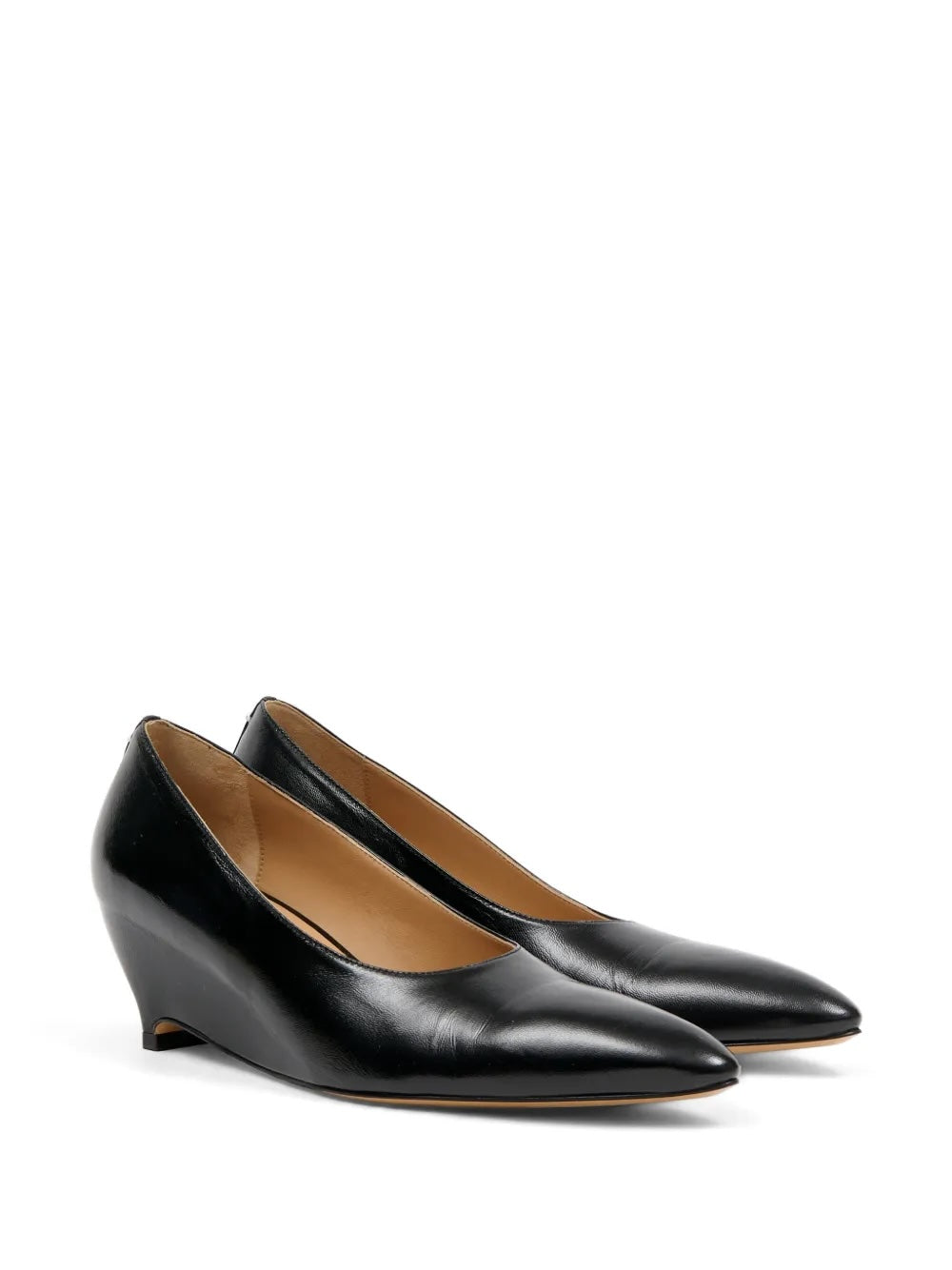 Maison Margiela Heel-Less Pump 55mm black leather, pair shown at three-quarter angle, featuring deep V-cut vamp and tan leather insole