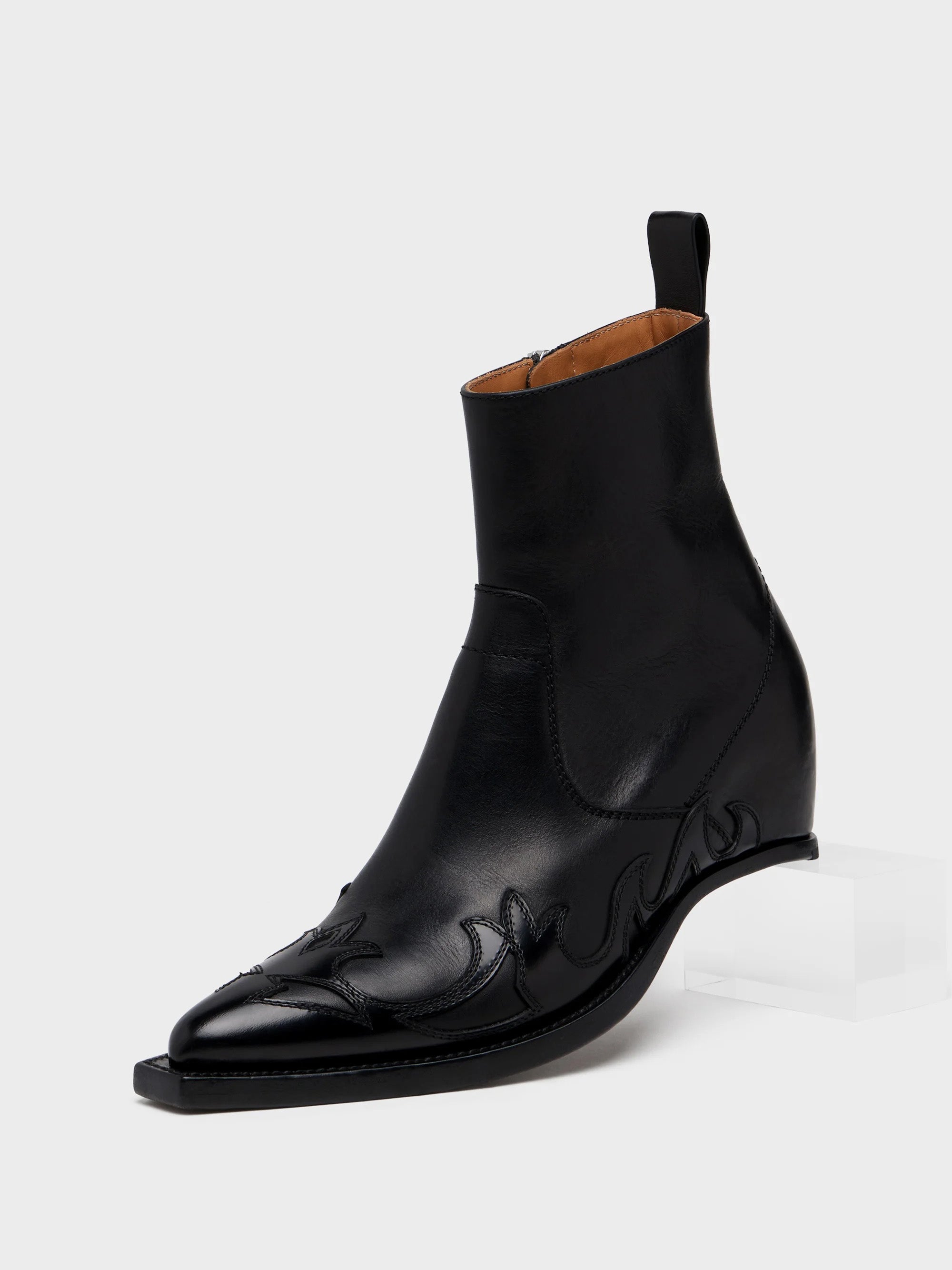 Maison Margiela Heel-Less Western Flame Boot, three-quarter view showing pointed toe, side zip and tan leather lining