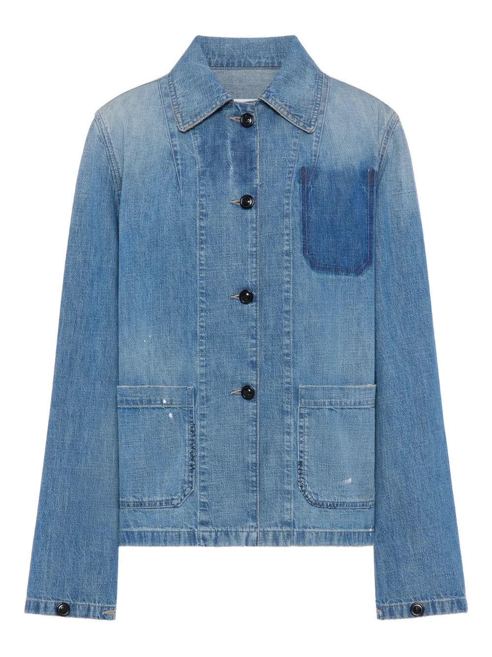 Front view of Long-Sleeved Shirt in Medium Blue Vintage by Maison Margiela on a white background, featuring blue denim, a classic collar, two front patch pockets, and a straight hem.