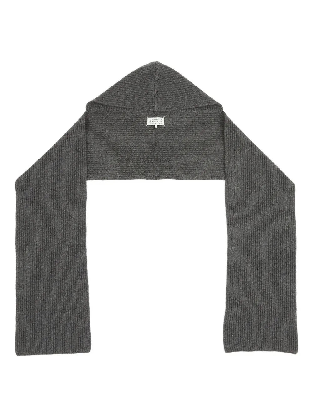 Front view of the Maison Margiela hooded scarf in dark grey on a white background, featuring a ribbed knit texture and integrated hood design.