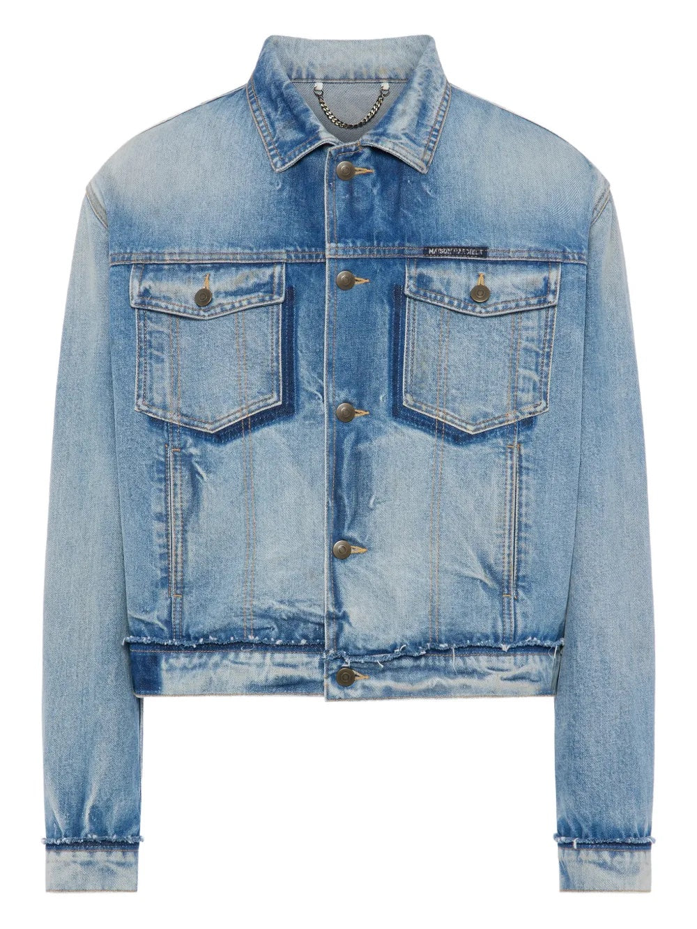 Front view of the Maison Margiela men’s sports jacket in washed blue denim on a white background, featuring a collar, front button closure, distressed finish, and cropped hem.