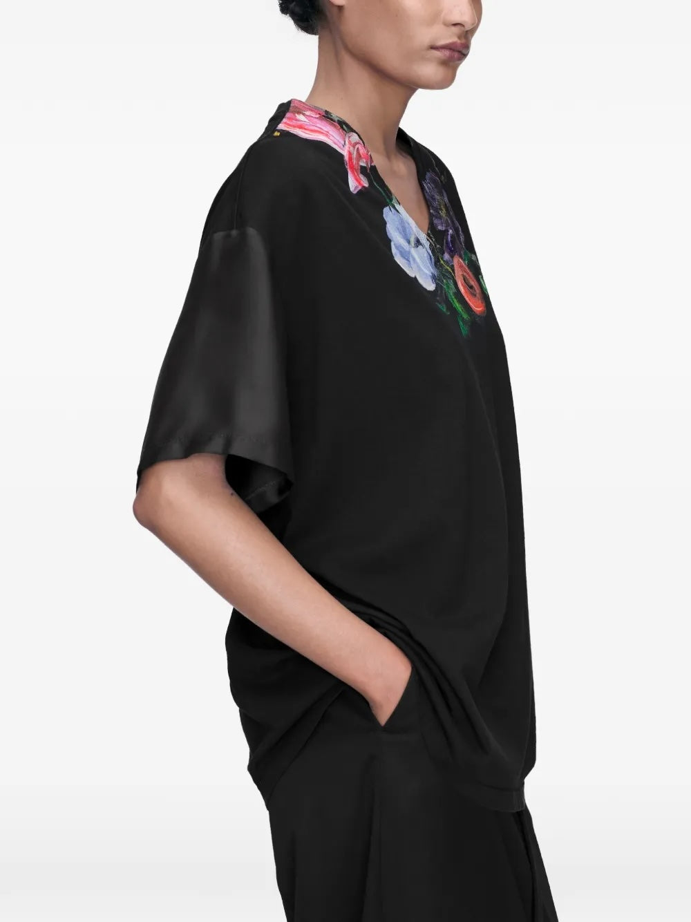 Maison Margiela Painted Floral T-Shirt in black, side view, dropped shoulder silhouette and satin sleeve detail