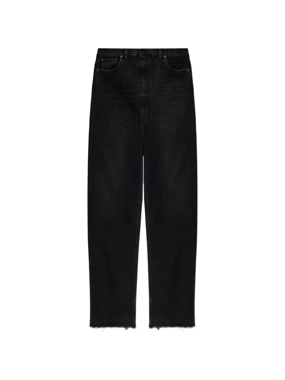 Pants 5 Pockets in Medium Black by Maison Margiela, front view of high-waist straight-leg jeans in faded medium black cotton denim with raw-cut hem, classic five-pocket design and belt loops, Spring/Summer 2026