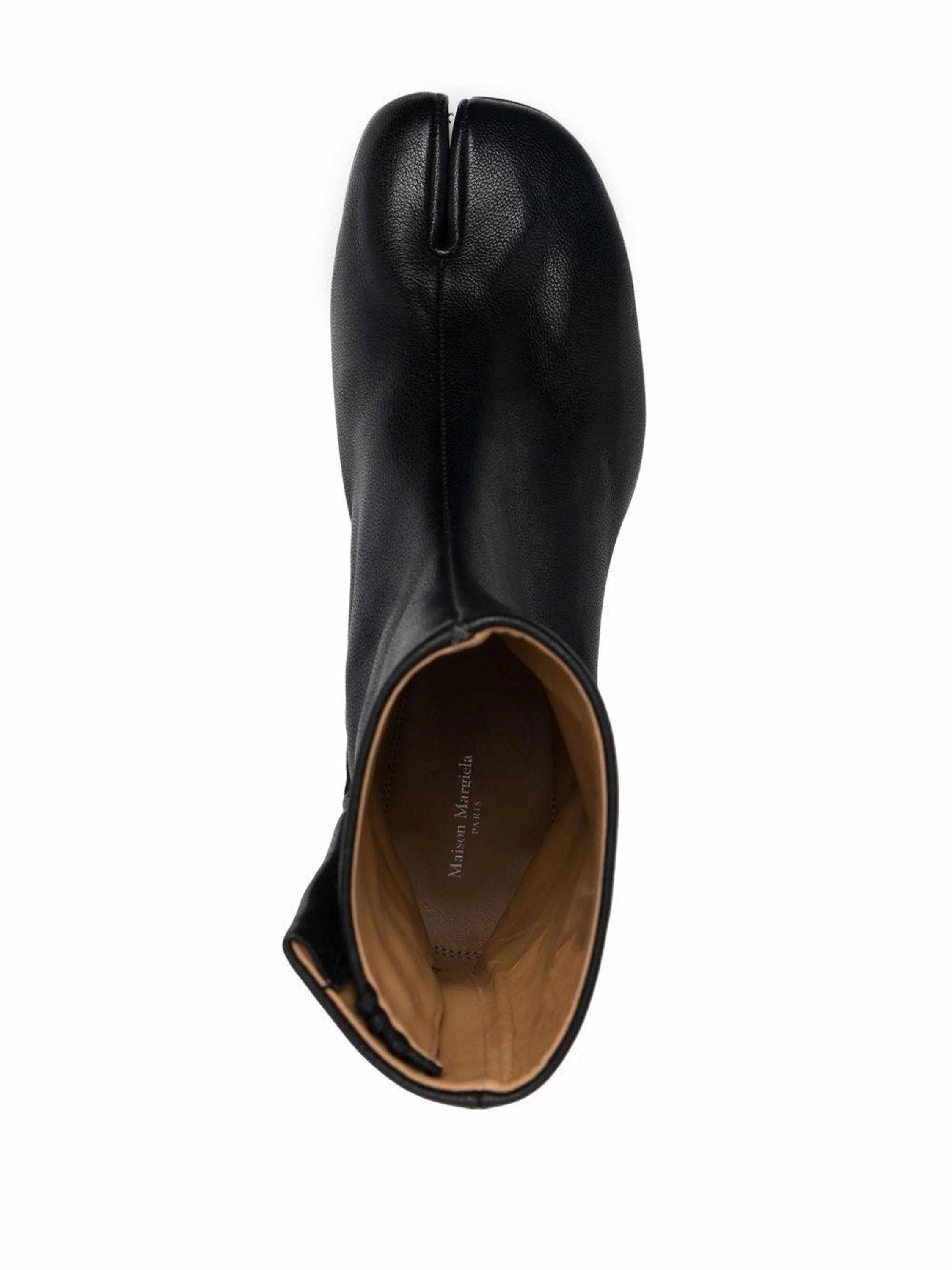 Maison Margiela Tabi Ankle Boot H30 in Black, top-down view, signature split toe detail, smooth ovine leather, leather sole with rubber contrast