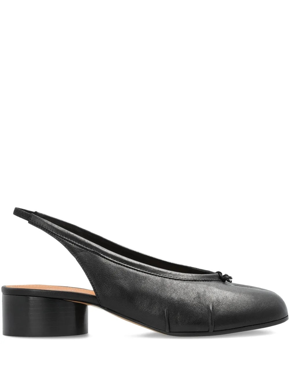Side view of the Maison Margiela Tabi New Ballerina Slingback 30mm in black, featuring a low block heel, split-toe design, pleated sides, and a slender slingback strap.
