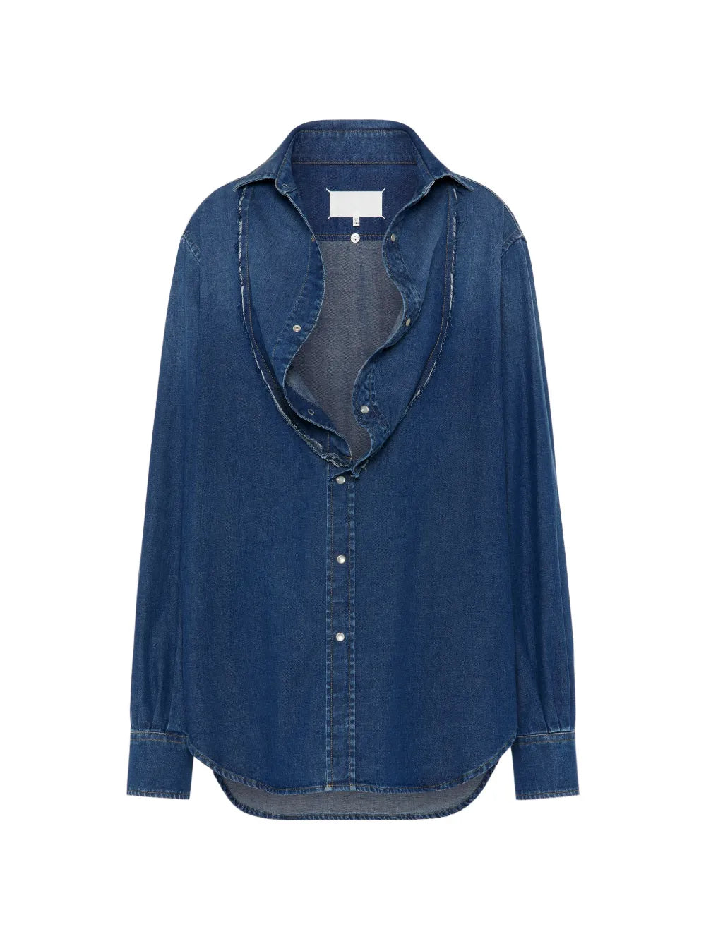 Maison Margiela V-Neck Long-Sleeved Shirt in medium blue - front view, deconstructed dual neckline with raw-edged V-cut and snap button fastening