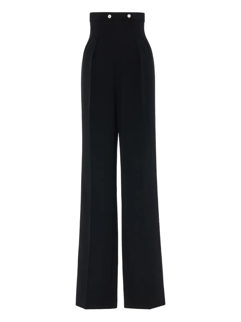 Front view of Maison Margiela Women’s Pants in black on a white background, showing a high-waisted silhouette, button fastening, and clean tailored finish.