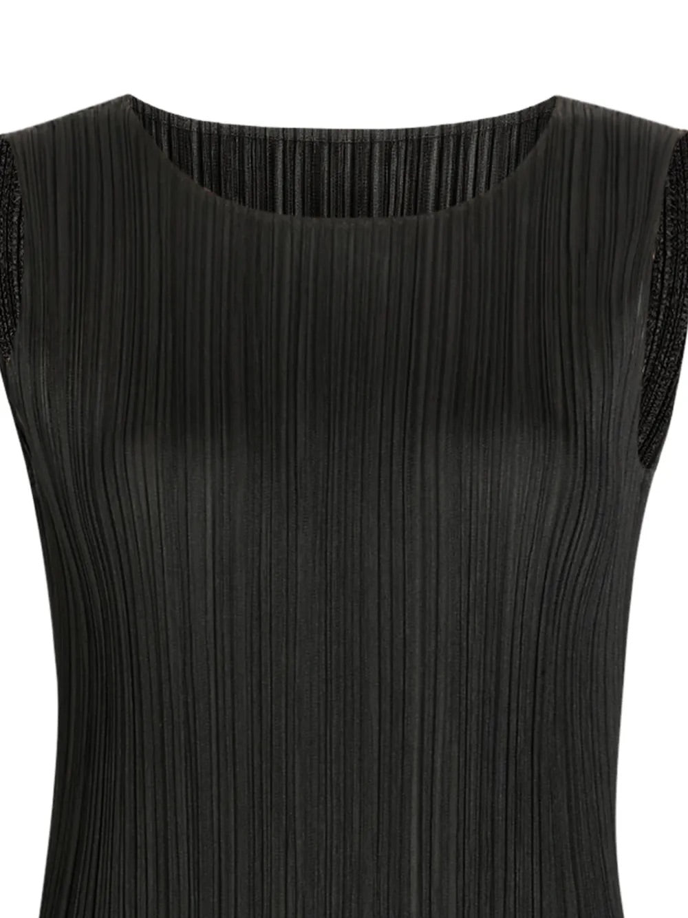 Pleats Please Issey Miyake March SS26 Basic Sleeveless Dress in Black close-up of plissé texture and round neckline