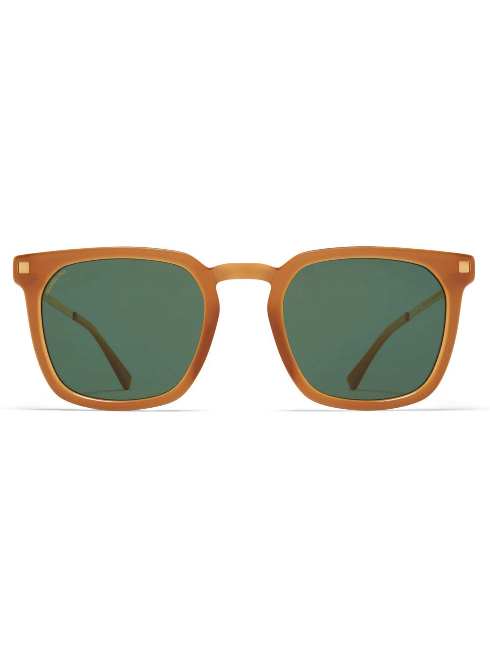 Mykita Borga Sunglasses in Brown Glossy Gold, front view, warm amber square acetate frame, deep forest green polarised pro lenses, gold-tone hardware, ultra-light stainless steel temples