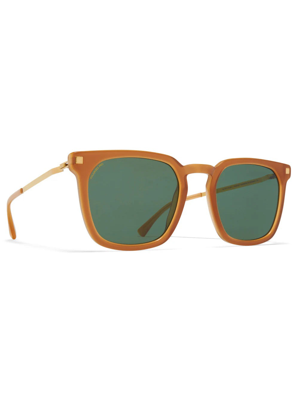 Mykita Borga Sunglasses in Brown Glossy Gold, three-quarter view, acetate frame front, stainless steel temples, gold-tone hinge hardware, green polarised lenses