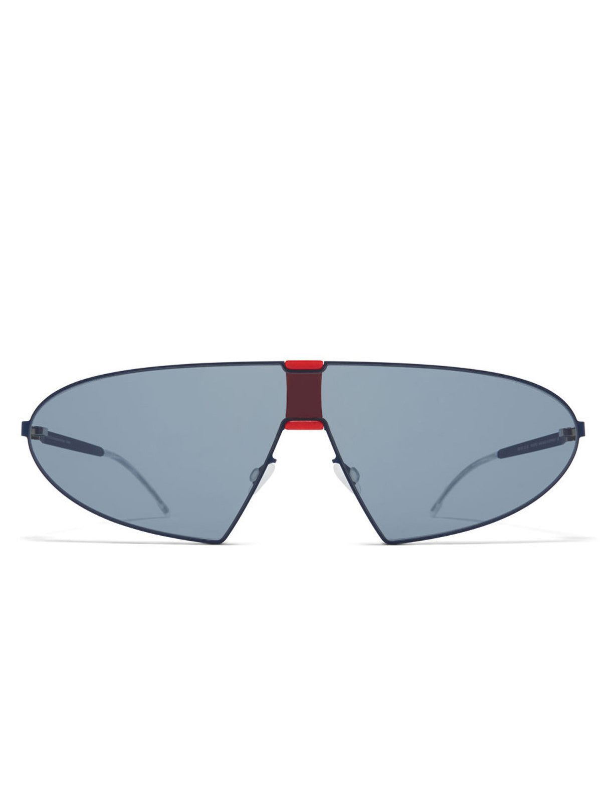 MYKITA Karma MH39 Sunglasses in navy and red with dark blue tinted shield lenses, slim stainless steel frame and adjustable nose pads
