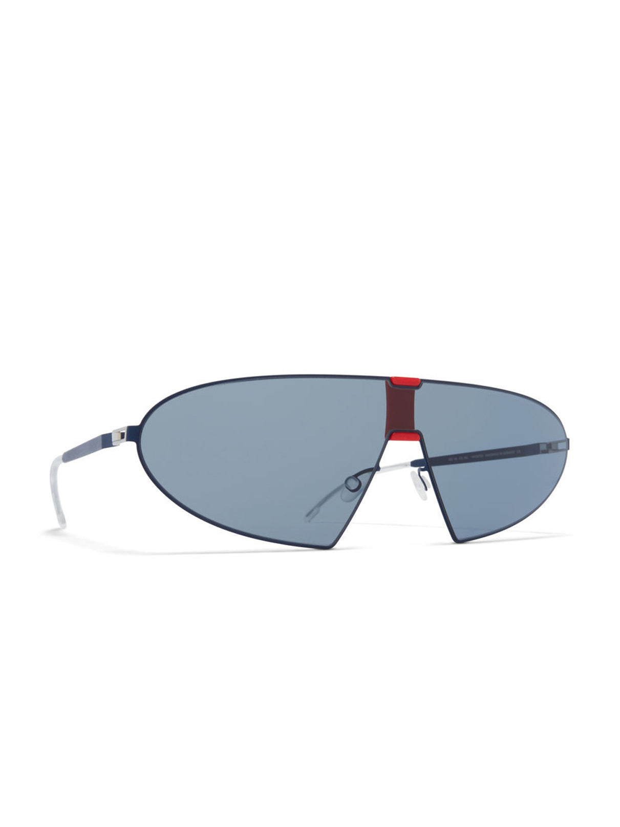 Angled view of MYKITA Karma MH39 Sunglasses in navy red dark blue with curved shield lenses and lightweight rimless frame
