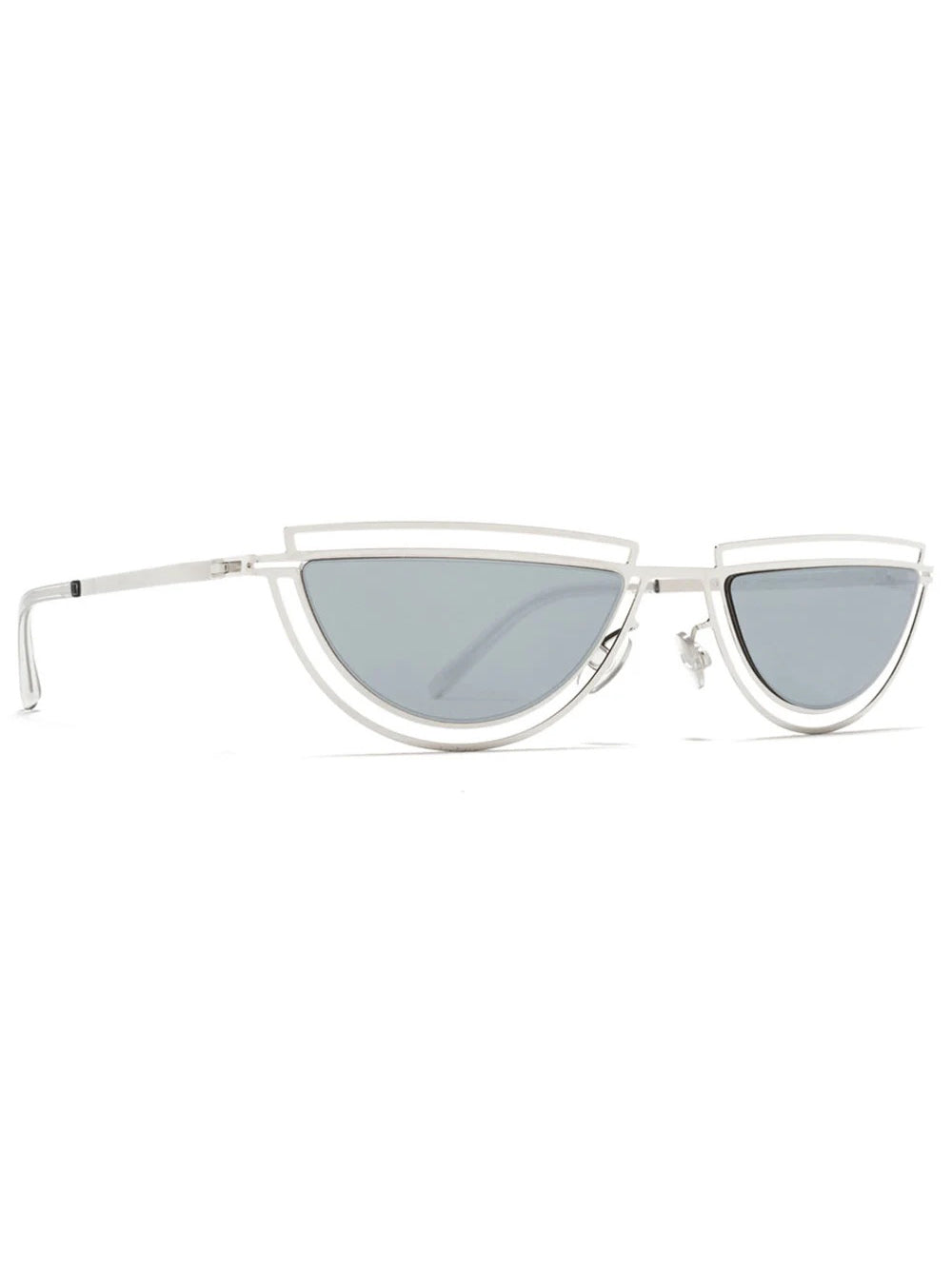 Angled view of MYKITA Monogram Sunglasses in shiny silver with silver flash lenses, lightweight frame and architectural MYKITA Damir Doma design