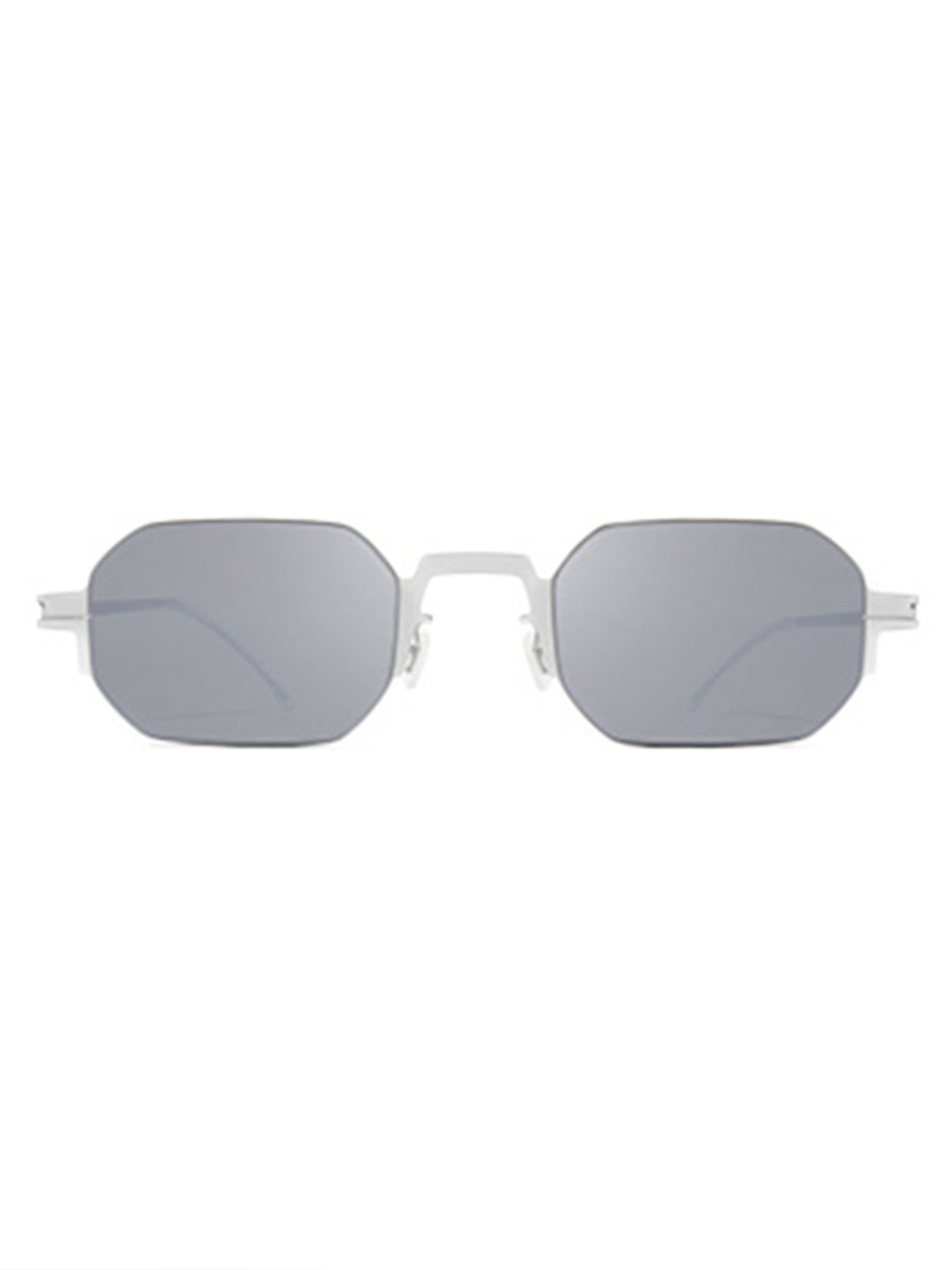 Mykita Studio 15.1 sunglasses in Frozen Silver/Shiny Silver Brown - product shot showing silver frame with brown flash lenses