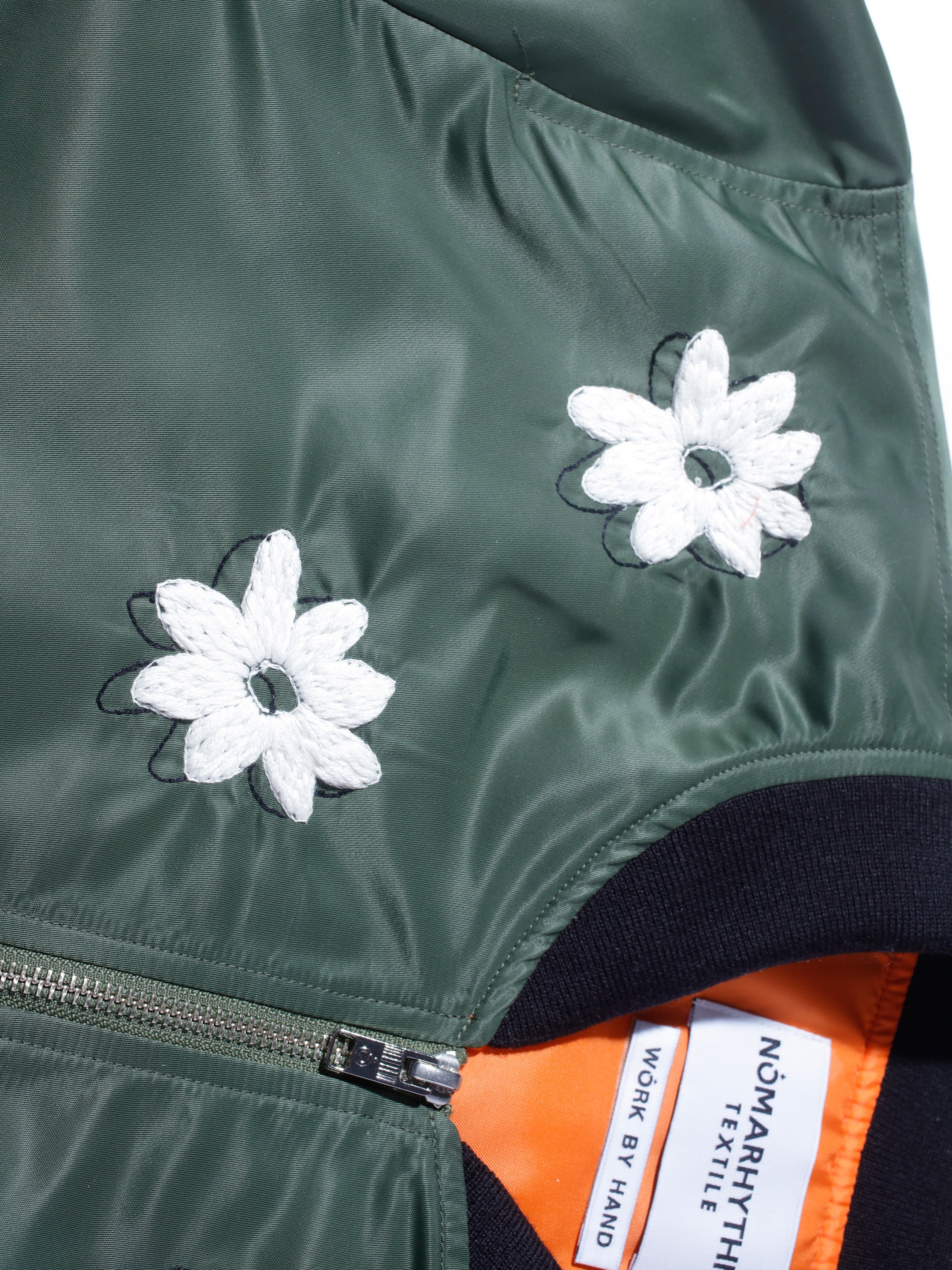 Flower Embroidery Flight Jacket - Olive & White-[-NÒMARYTHM TEXTILE-3