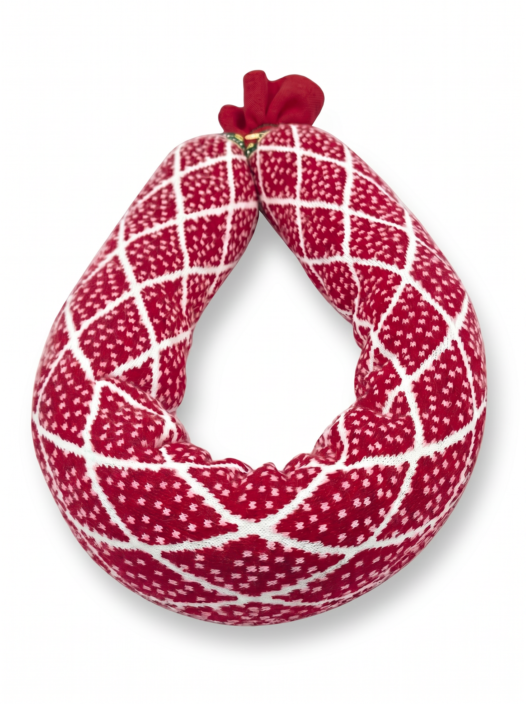 P.I.G Salami red and white diamond knit textile salami sculpture in coiled ring form with red fabric tie – Henrik Vibskov P.I.G Foundation