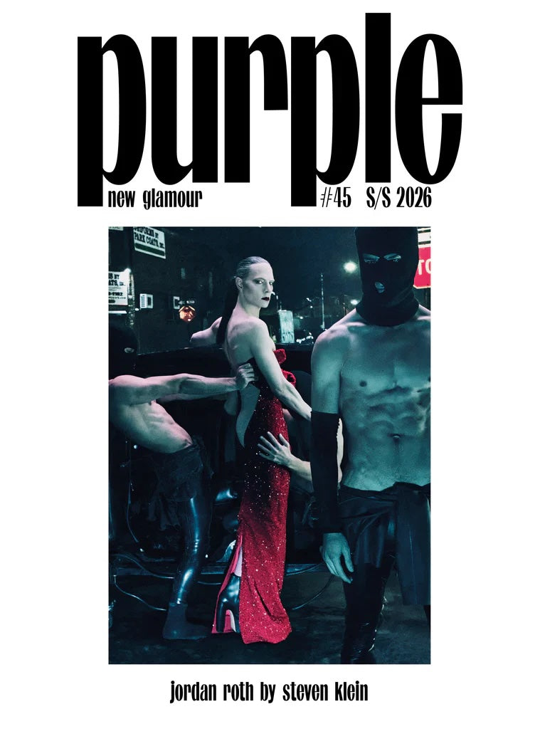 Magazine cover with text 'Purple' and images of people in a dark setting and featuring the text 'Jordan Roth by Steven Klein'.