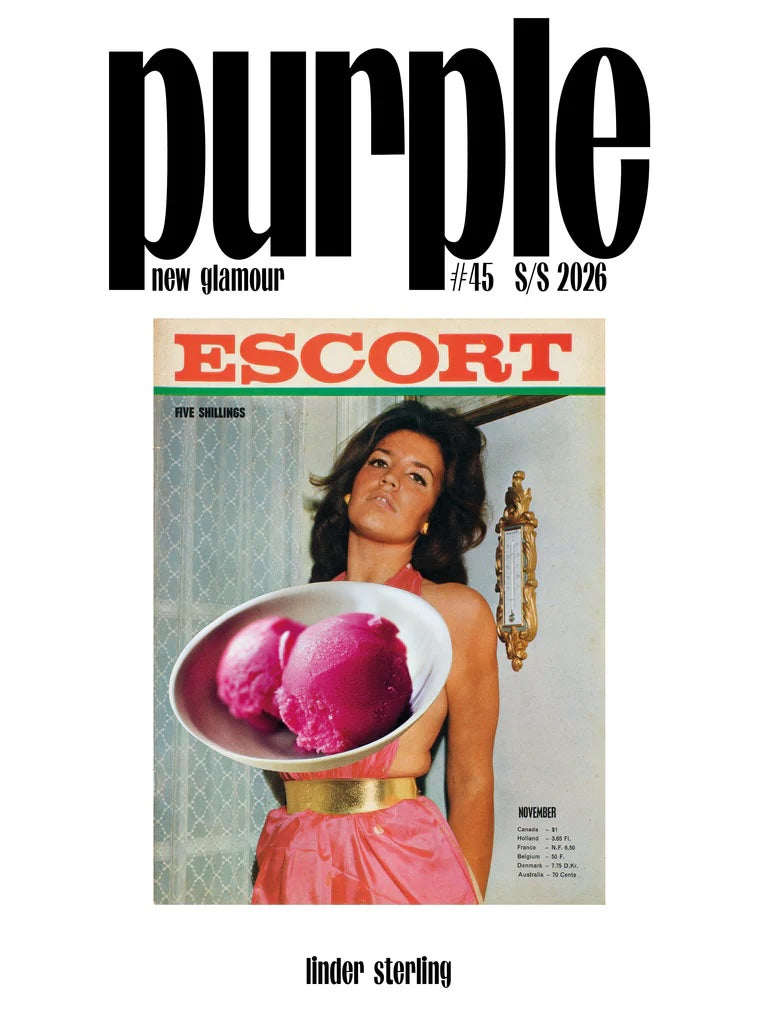 Magazine cover with a woman holding a bowl of pink ice cream, featuring the word 'Purple' at the top and 'Linder Sterling' at the bottom.