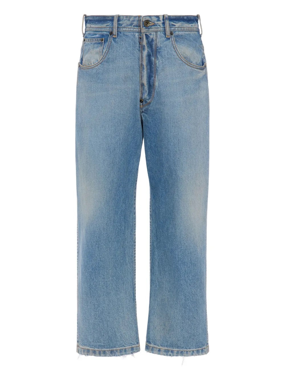 Front packshot of the Maison Margiela Pants 5 Pockets in Washed Blue, showing the raw-cut straight-leg design, front button and fly fastening, belt loops, five-pocket construction, and raw-cut hem.