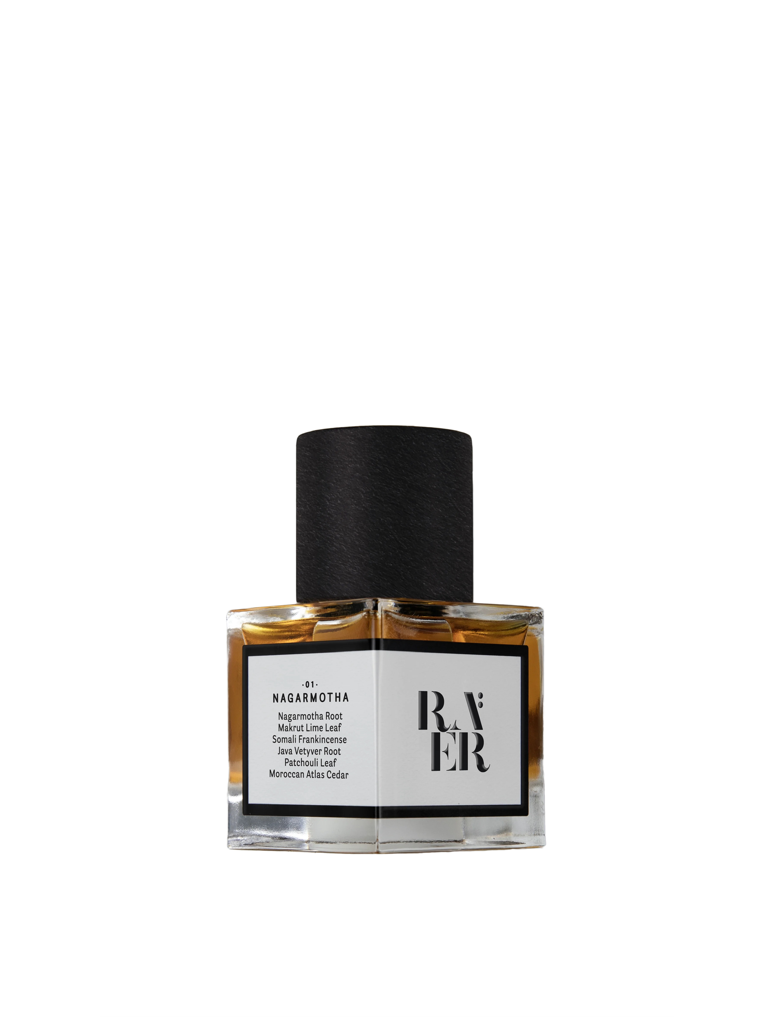 Perfume bottle with black cap and clear label on a white background