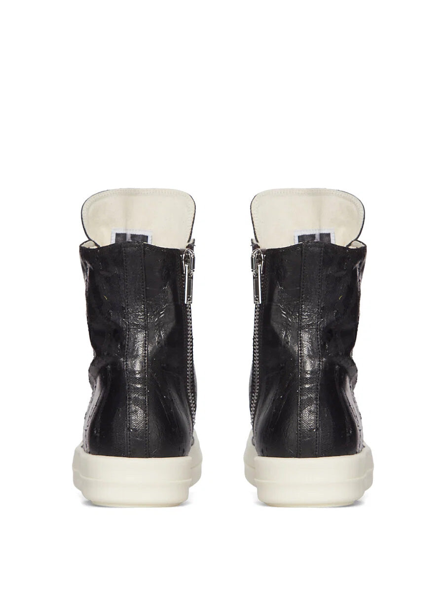 Back view of Rick Owens DRKSHDW Tower Sneaks in Black Megacrust Denim with high-top silhouette, zip fastenings and milk white sole