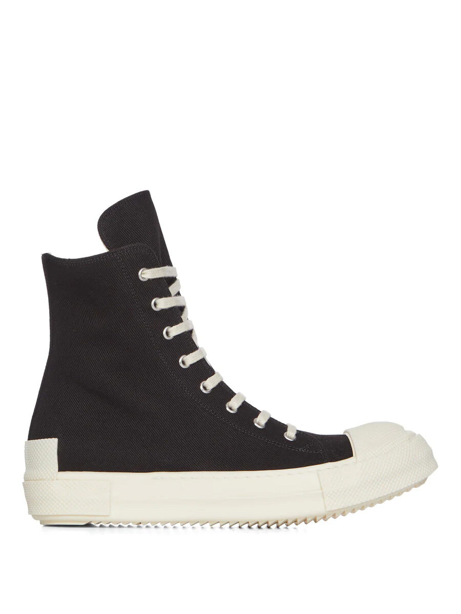 Rick Owens DRKSHDW Tower Sneaks in Black Overdyed Denim with black high-top denim upper, milk white extended textured rubber toe cap, structured heel detail and serrated sole
