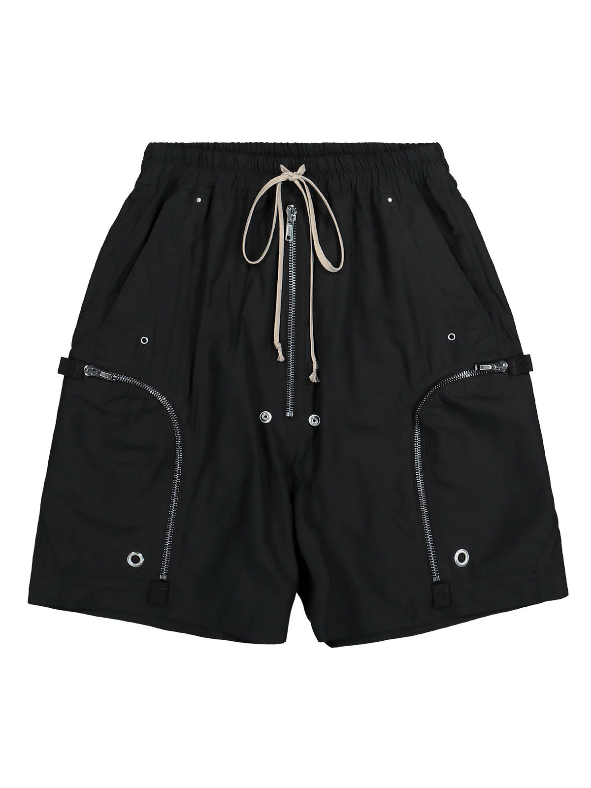 Rick Owens DRKSHDW Bauhaus Drawstring Shorts in Black shown from the front with elasticated waistband, long drawstrings, curved zip pockets and metal hardware.