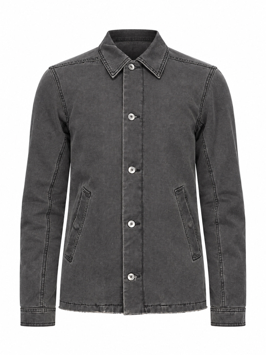 Rick Owens DRKSHDW Brad Jacket in Gravel shown from the front with pointed collar, button fastening, long sleeves and diagonal welt pockets.