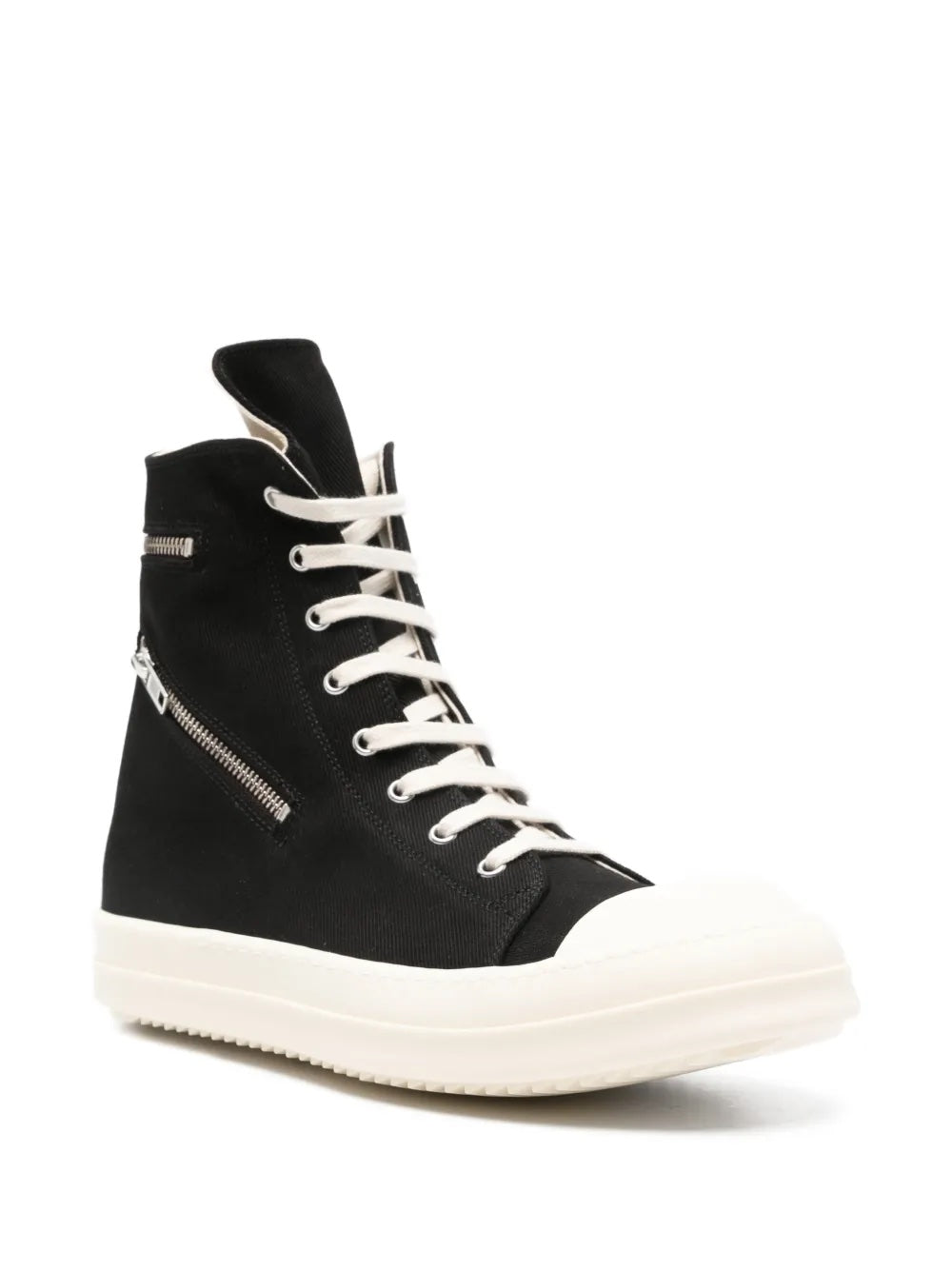 Side view of black high-top sneakers with zipper details from Rick Owens on a white background