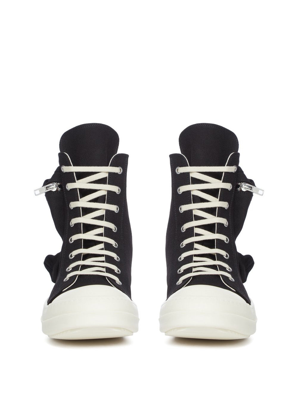 Front profile of the denim Cargo sneakers from Rick Owens DRKSHDW on a white background