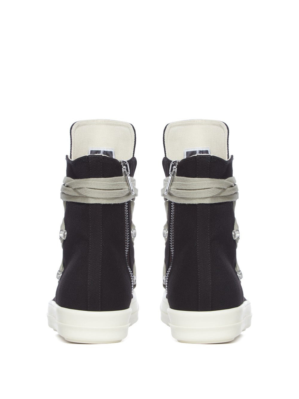 Back profile of the denim Megalace sneakers from Rick Owens DRKSHDW on a white background