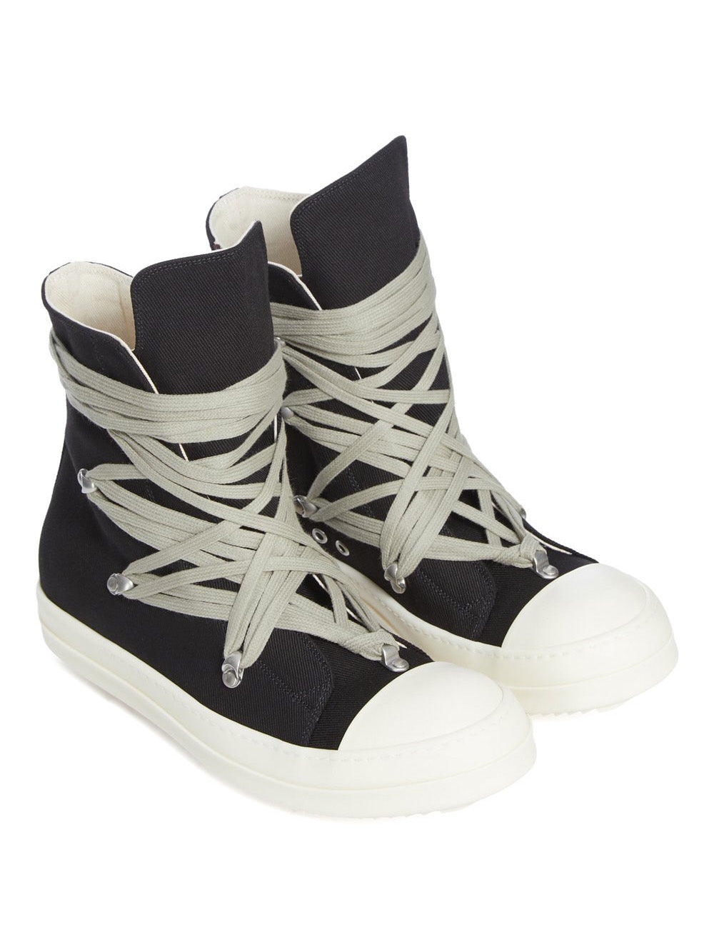 Angled profile of the denim Megalace sneakers from Rick Owens DRKSHDW on a white background