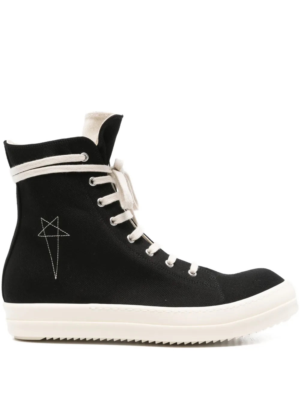 Black high-top sneakers from Rick Owens DRKSHDW on a white background.