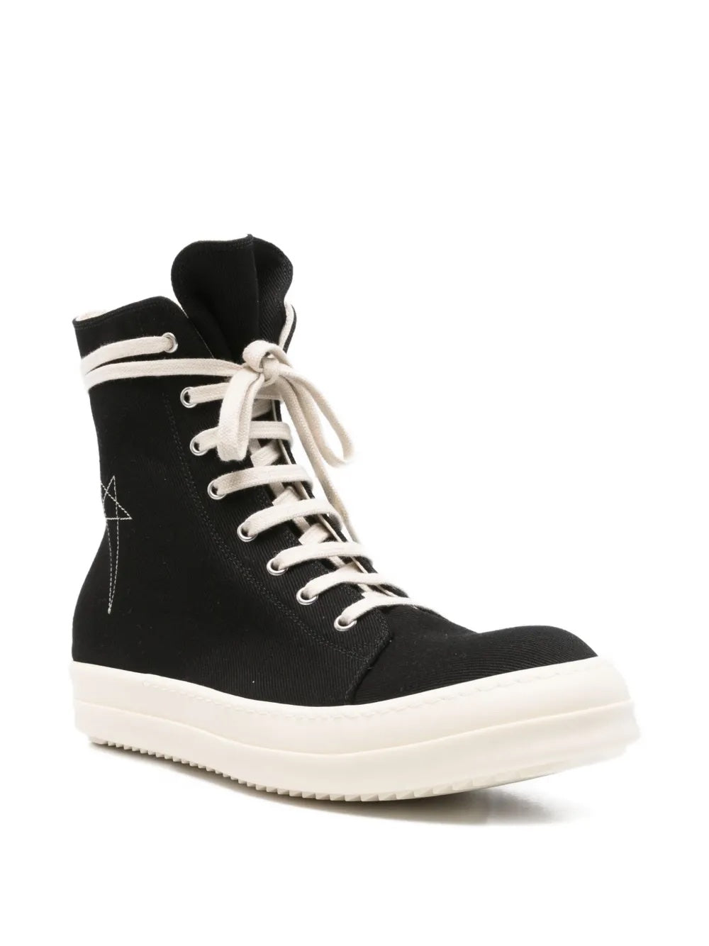 Black high-top sneakers with white laces from Rick Owens DRKSHDW on a white background.
