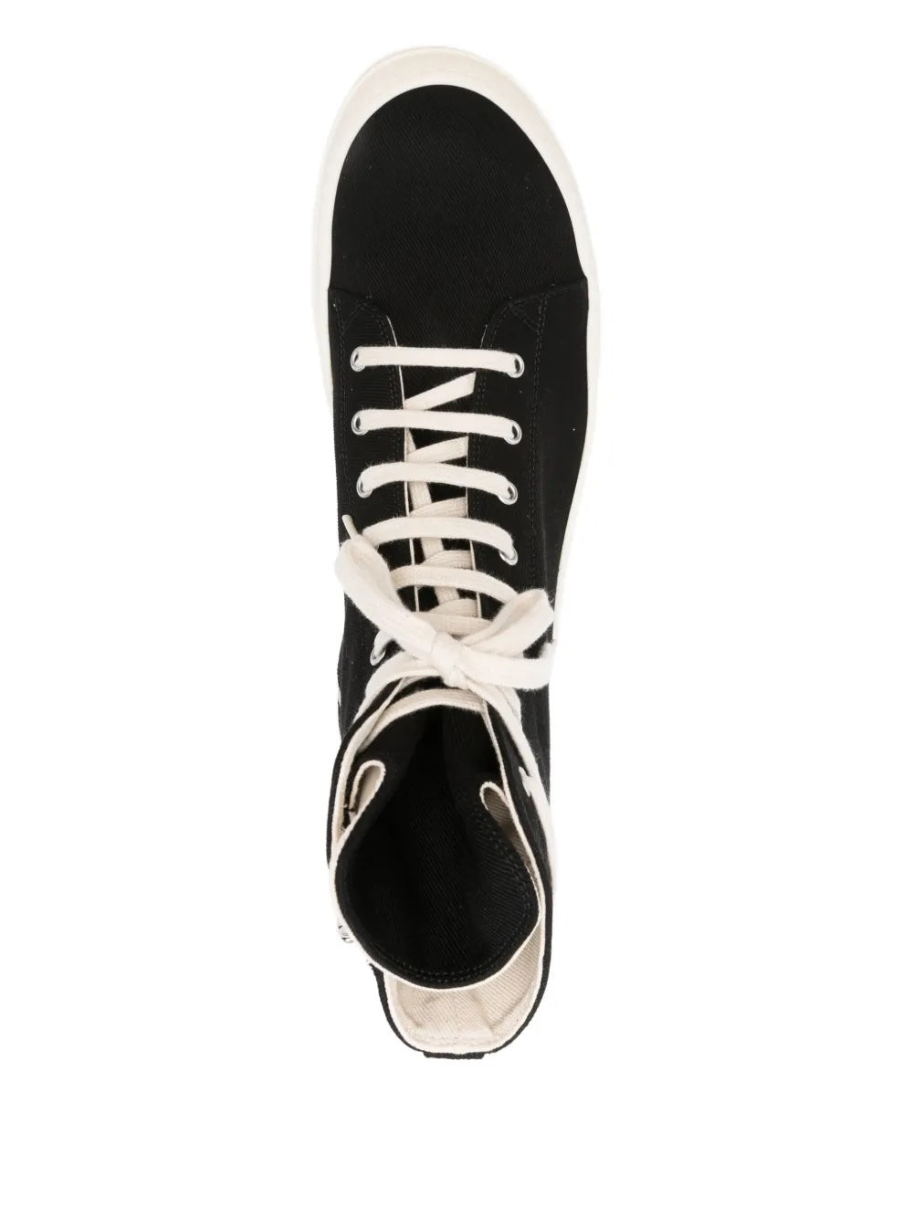 Black high-top sneakers with white laces from Rick Owens DRKSHDW on a white background.