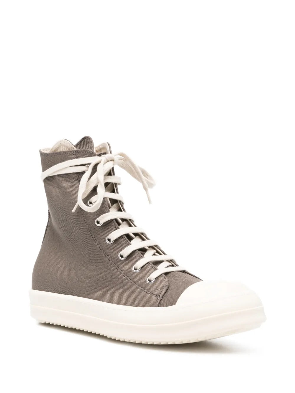 Rick Owens Denim Sneaker front view, round toe, lace-up fastening, muted grey cotton denim upper, white rubber sole, unisex sizing