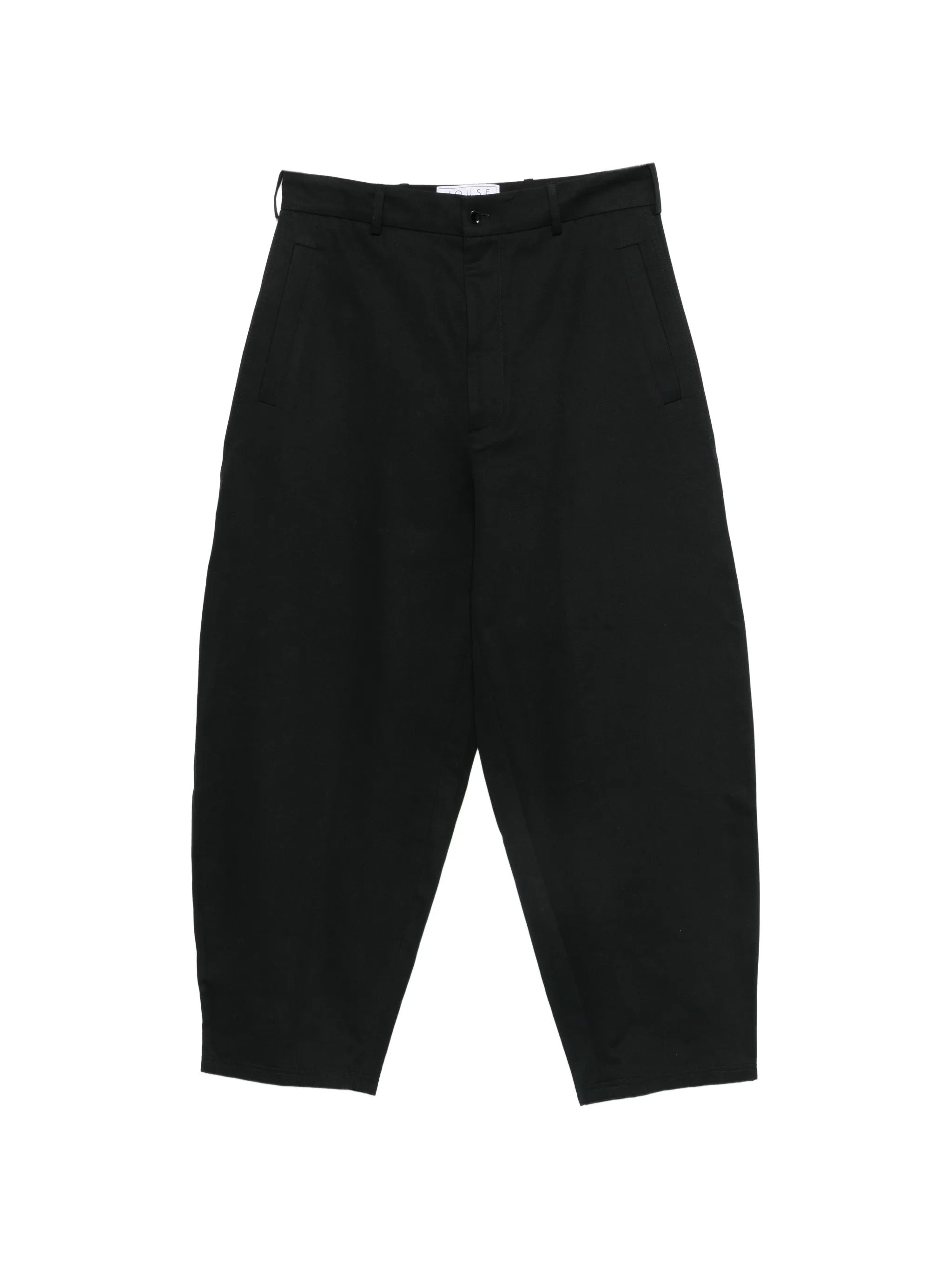 House Of The Very Islands Ryker Pants in Black - flat lay showing wide leg organic cotton trousers with tonal stitching and belt loops