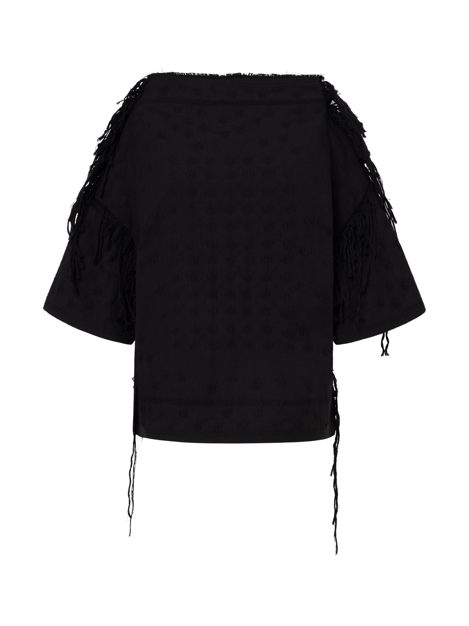 Stem Flower Tee in black, front view, boxy silhouette with woven floral jacquard fabric and fringe detailing at shoulder seams and hem