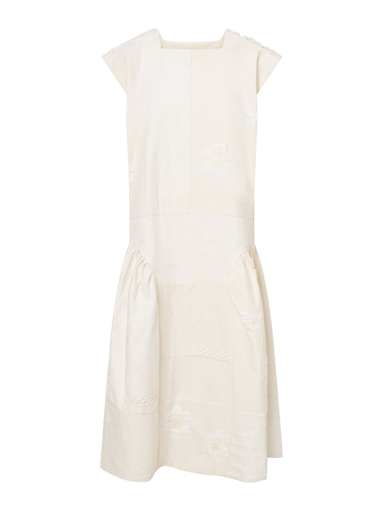 Stem Patchwork Dress in off-white, front view, square neckline and cap sleeves with gathered waist and full midi skirt