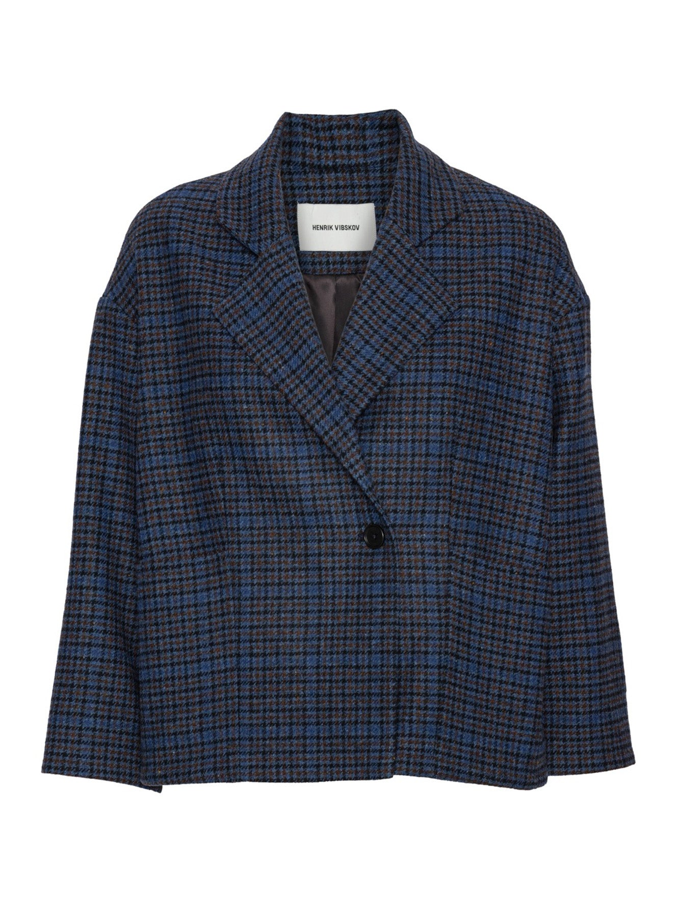 Henrik Vibskov Shady Suit Jacket in Blue Wool Checks crafted from 100% merino wool with a single-button closure.
