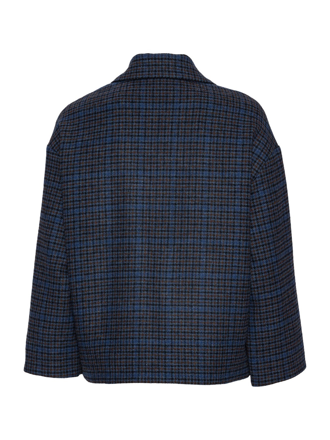 Back view of Henrik Vibskov Shady Suit Jacket in Blue Wool Checks showcasing the relaxed silhouette.