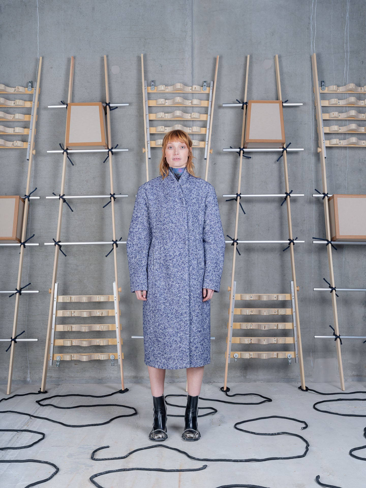 Model wearing Henrik Vibskov Shell Coat in Blue Pebbles front view