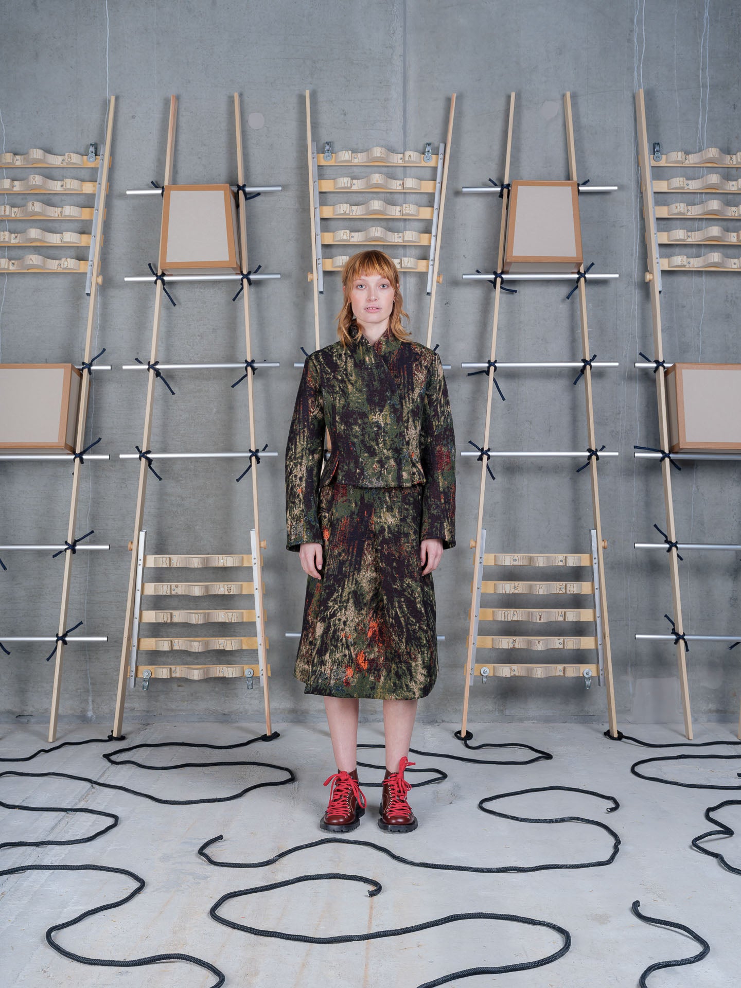 Model wearing Henrik Vibskov Shell Jacket in Gobelin Swamp front view
