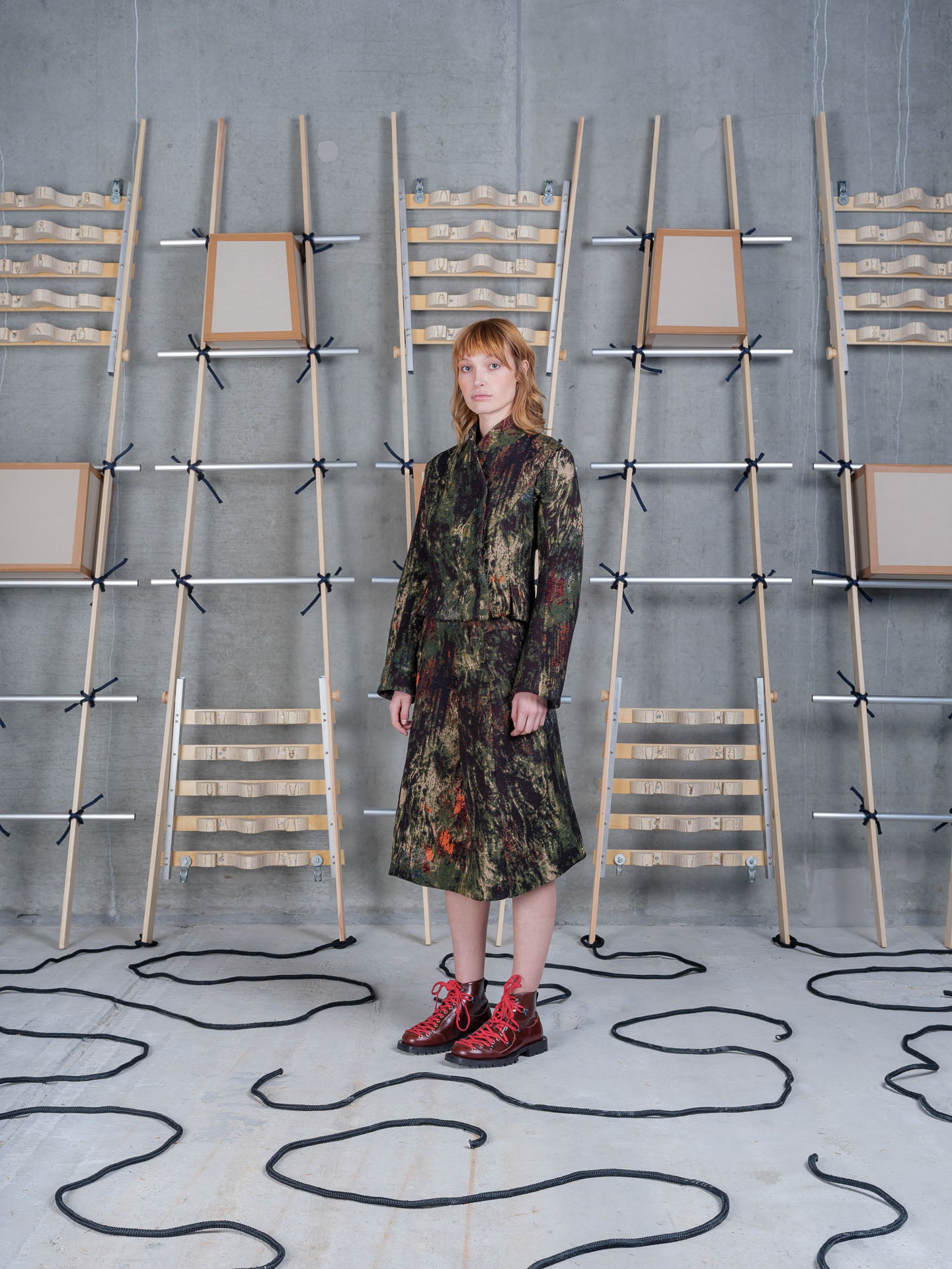Model wearing Henrik Vibskov Shell Jacket in Gobelin Swamp side view
