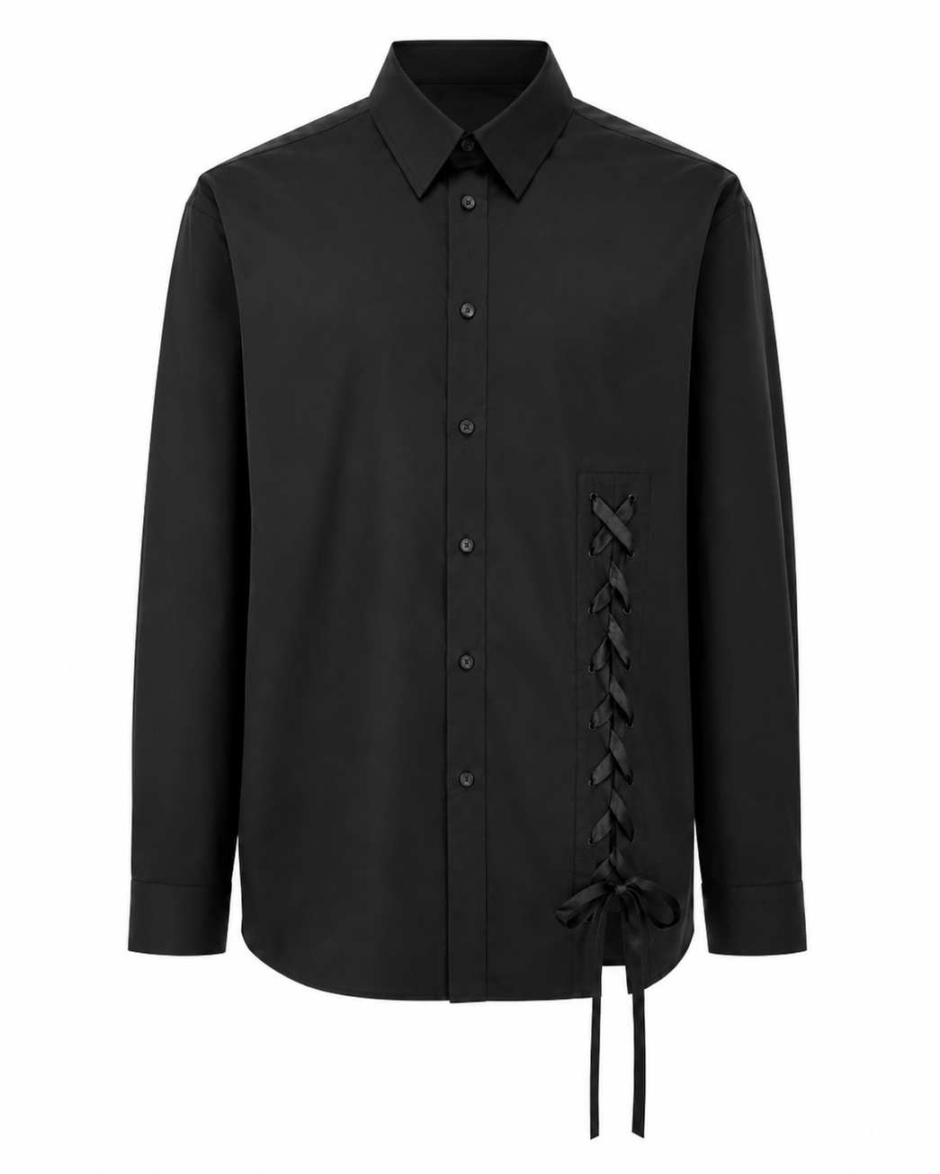 A black long-sleeve button-up shirt with a pointed collar from Simone Rocha, matching black buttons, and a decorative side lace-up detail on the right front panel, shown against a plain white background.