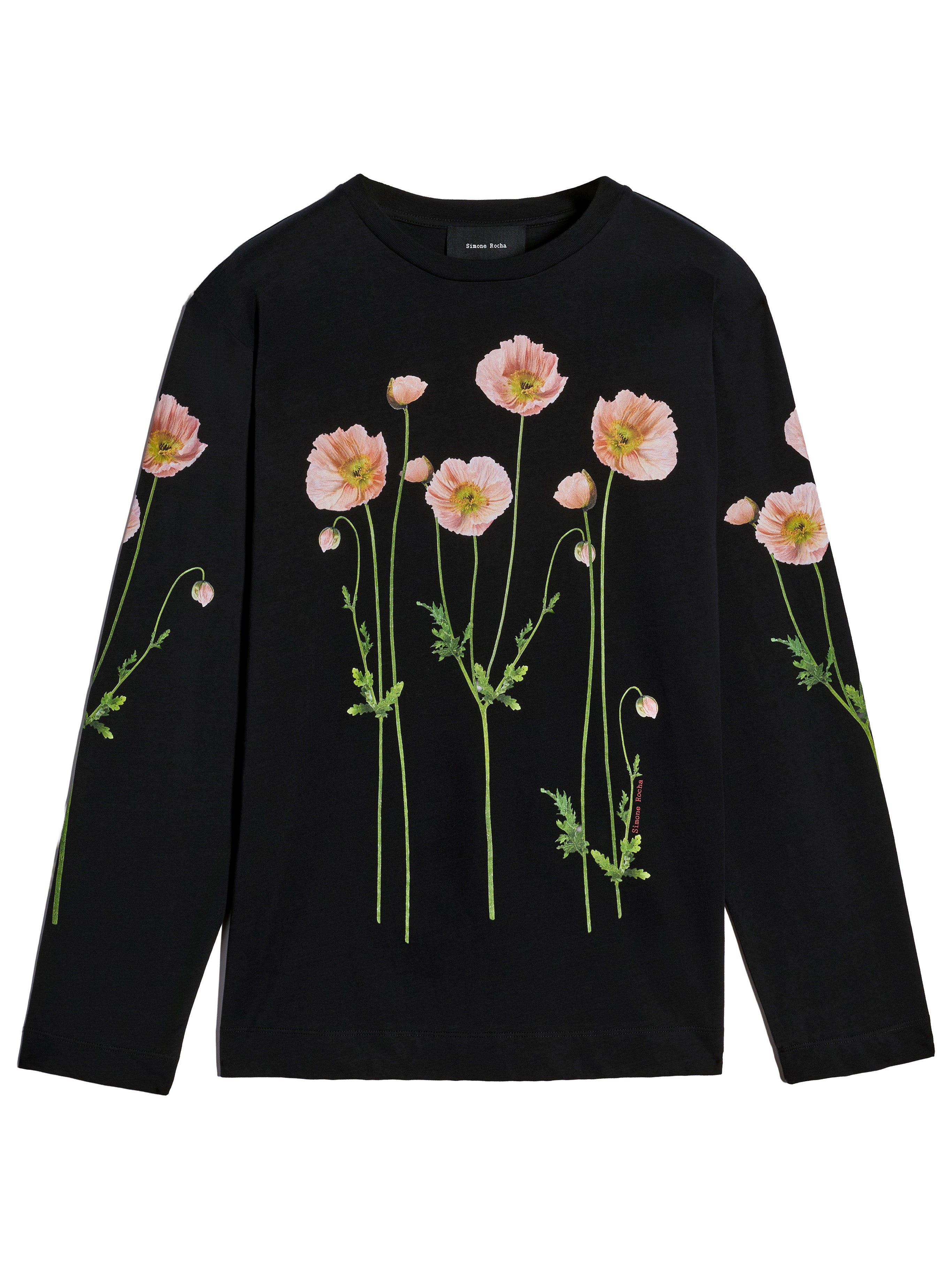 Front view of a black, long-sleeve shirt with poppy field print from Simone Rocha on a white background