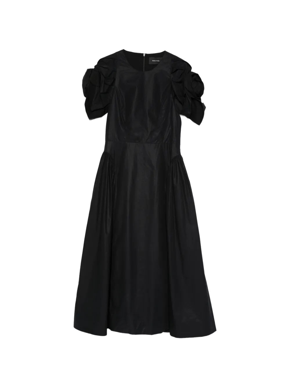 Front view of the Simone Rocha Rose Puff Sleeve Hip Dress in black cotton poplin, featuring sculptural puff sleeves with rosette appliqué and exaggerated hip detailing.