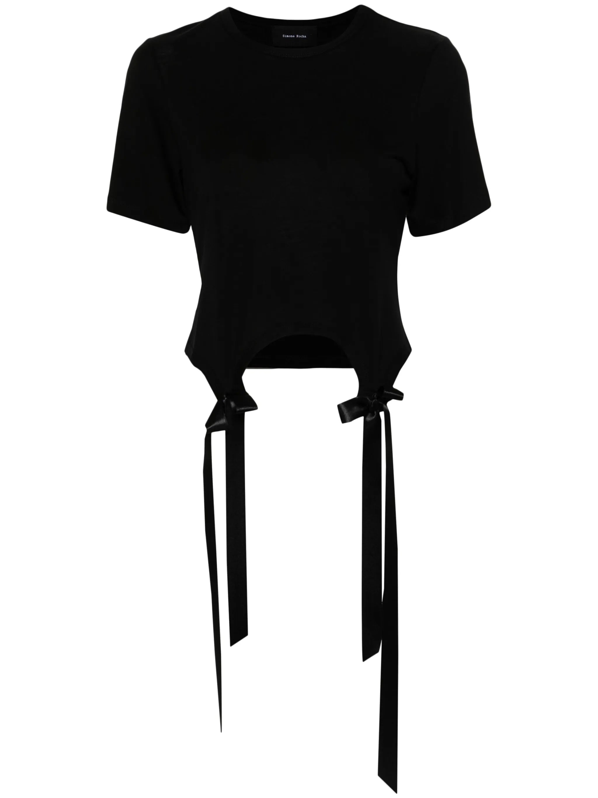 Black t-shirt with tie details on a white background