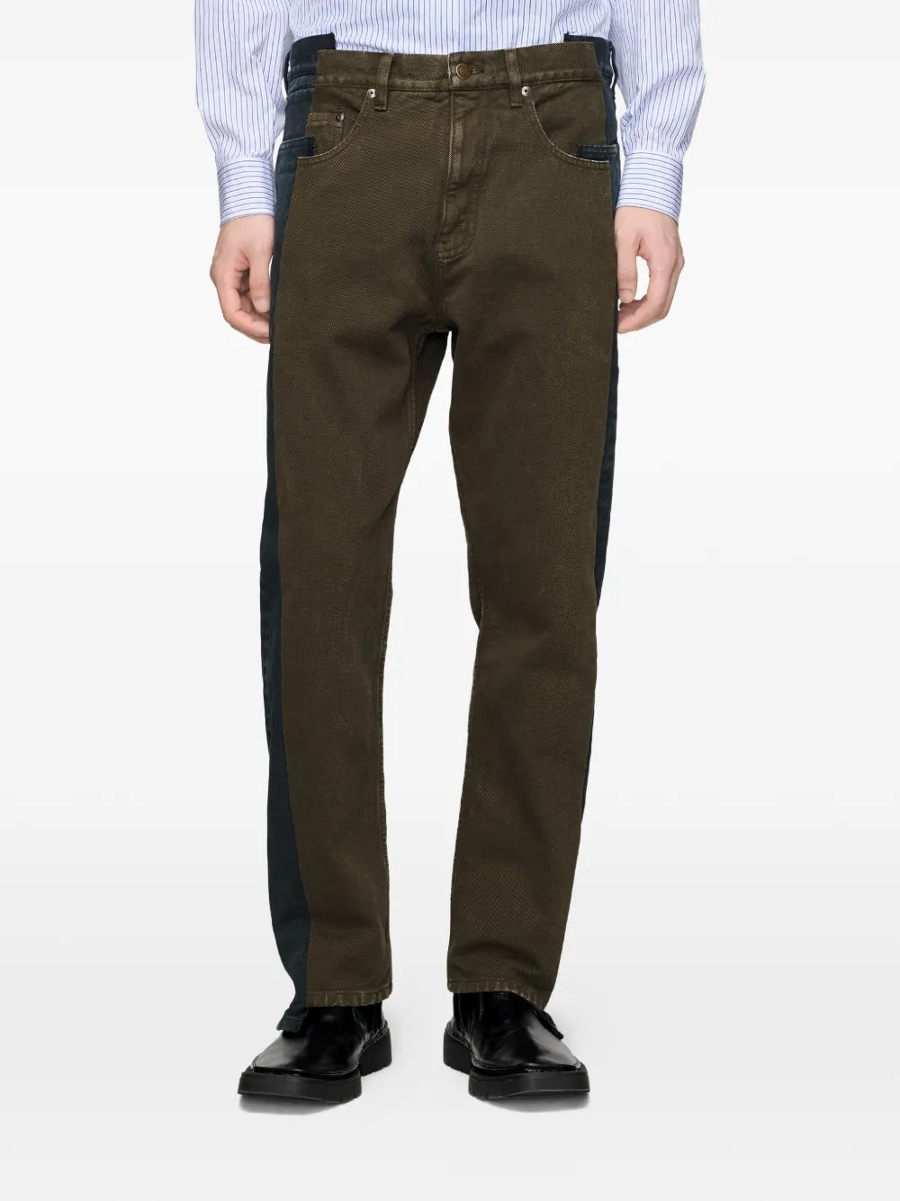 Front view of Maison Margiela Spliced Trousers in Black + Brown
