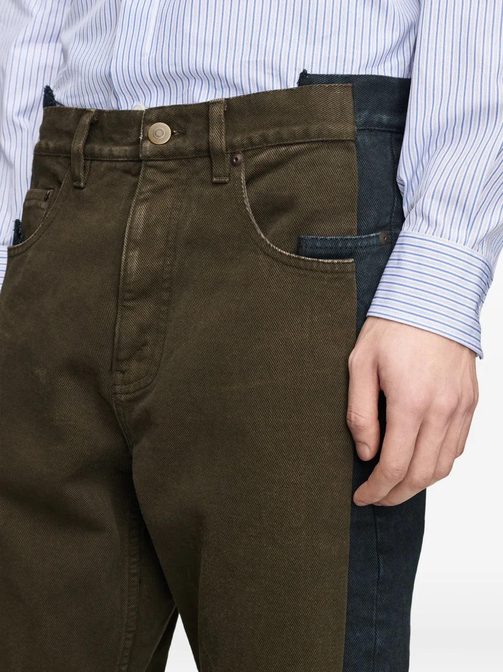 Close-up of front pocket and spliced panel on Maison Margiela Spliced Trousers